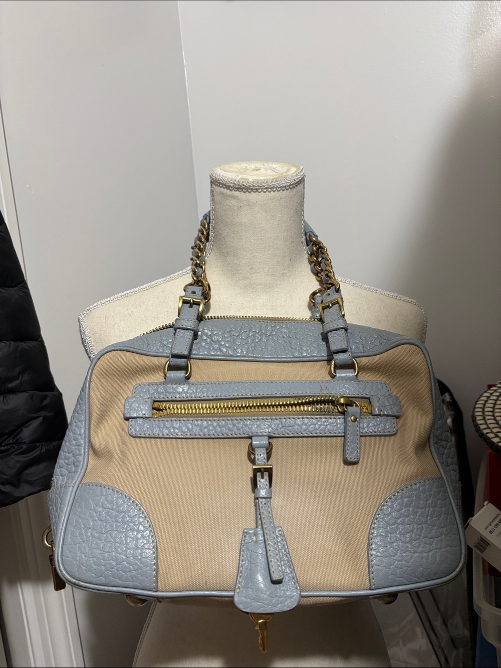 Prada Beige Canvas Shoulder Bag with Light Blue Leather Trim and Gold Hardware